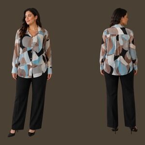 Neiman Marcus Exclusive 100% Silk Blouse Abstract Geometric Print Button Size 16